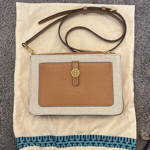 Tory Burch canvas and brown crossbody. Gold hardware. Never used.